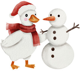 Cute goose wearing red scarf and hat standing next to smiling snowman with carrot nose and twig arms