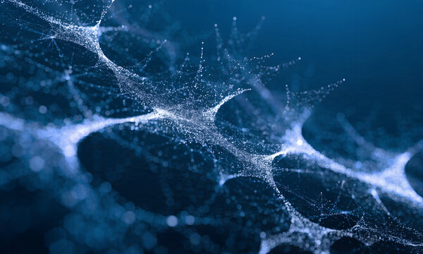 Abstract Digital Neural Network background with glowing blue nodes and connection plexus particles.