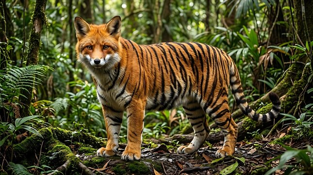 Hybrid fox tiger creature with orange striped fur standing in lush tropical forest on white background