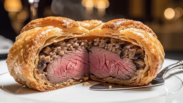 Sliced beef wellington with pink tender meat and golden puff pastry in an elegant dining setting
