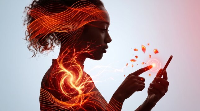 Silhouette of woman touching glowing smartphone screen with vibrant orange energy flow lines, abstract digital connection, neural network visualization, futuristic technology