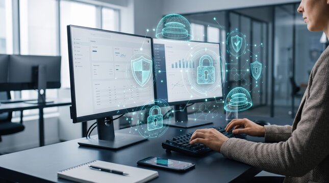 Person typing on keyboard at dual monitor workstation with holographic cybersecurity icons, shields and padlocks floating above screens, data protection, network security analysis