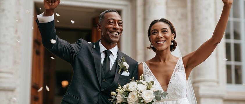 Pure wedding day euphoria as a stylish Black couple raise their arms in triumph outside a classic stone venue, confetti falling around them. Perfect for inclusive bridal campaigns.