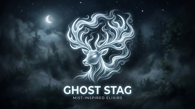 Ethereal glowing ghost stag with mystical swirling antlers depicted in a dark moody style on white background