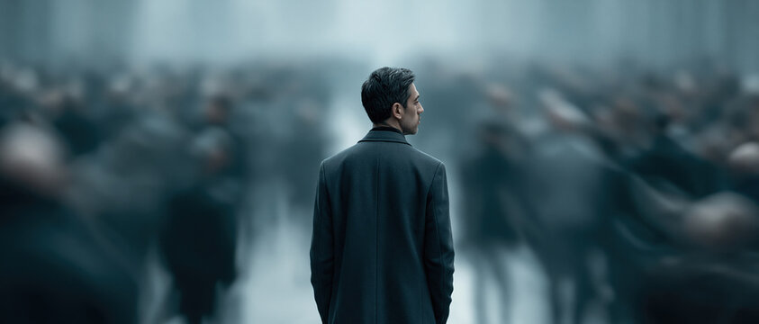 A solitary man in a dark coat stands motionless amid a blurred, rushing crowd. Cinematic blue tones evoke loneliness, individuality, and mental health awareness ideal for leadership or.