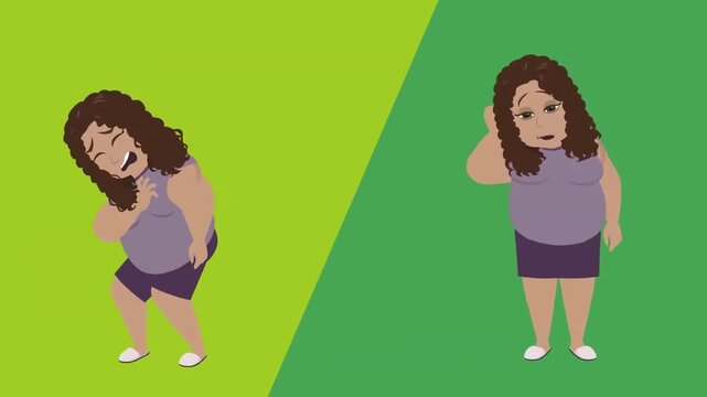 2D animation split screen of a woman suffering from neck pain and severe headache health problem concept