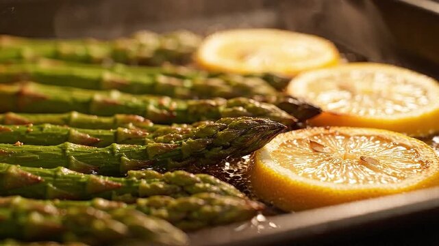 Fresh asparagus spears and lemon slices sizzling in a hot pan, close-up view of cooking process