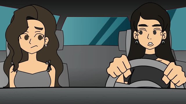 2D animation front view of two young women riding inside a car driving on road travel trip concept
