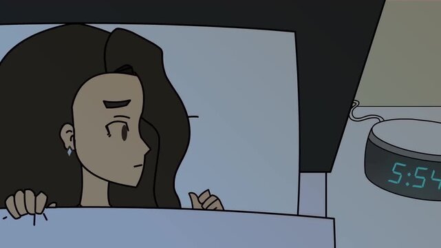 2D animation close up of a woman in bed looking at digital bedside alarm clock in morning schedule concept