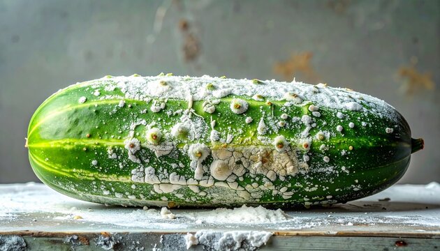 Close-up of a green cucumber with white powdery mildew and mold growth