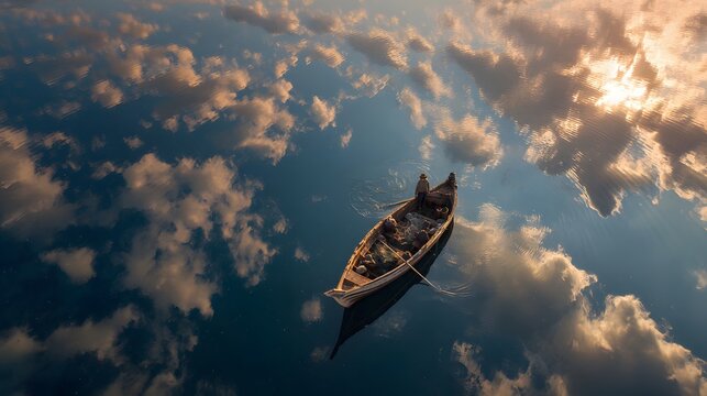 Aerial view of a lone fisherman in a boat on calm, reflective water mirroring a dramatic cloudy sky and golden light