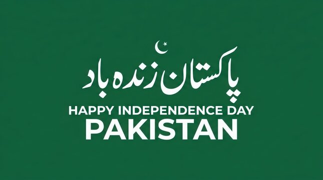 A festive green background featuring the text pakistan zindabad in urdu calligraphy and happy independence day pakistan in english typography