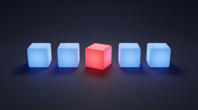 Cybersecurity Anomaly Detection Concept Glowing Red Cube Outlier Among Blue Blocks 3D
