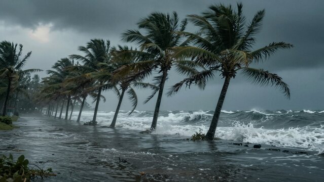 A powerful tropical hurricane storm crashes against a shoreline, with towering palm trees bending under fierce winds and crashing waves.