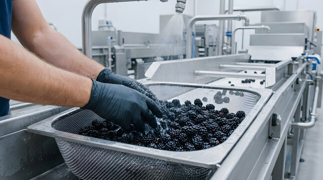 Man Washing Fresh Blackberries in Stainless Steel Mesh Basket Under Water Spray in Food Processing Factory