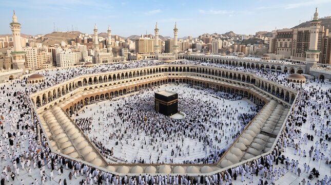 Pilgrims circling the Kaaba at the Great Mosque in Mecca