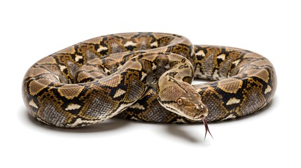 Fototapeta premium A large reticulated python snake coiled on a plain white background.