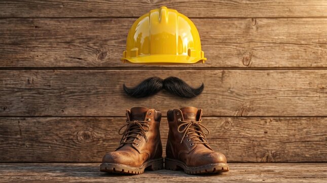 Creative Labor Day concept featuring construction boots, safety helmet and mustache arranged as a worker on a rustic wooden background. Humorous worker appreciation design