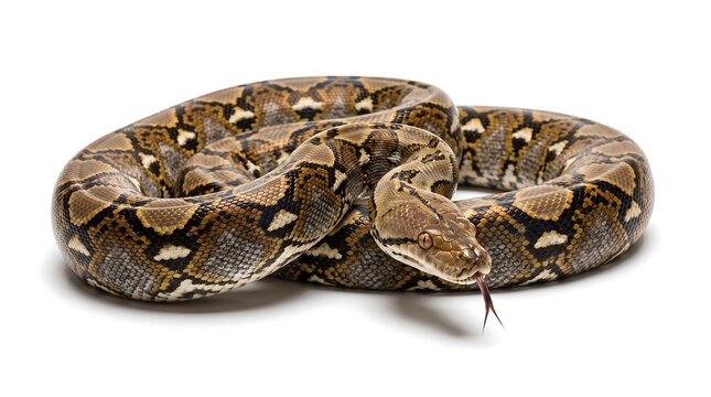 A large reticulated python snake coiled on a plain white background.