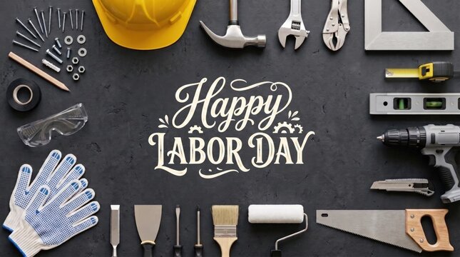 Flat lay of construction tools surrounding Happy Labor Day lettering on a dark background. Worker appreciation, skilled trades, and industry celebration concept