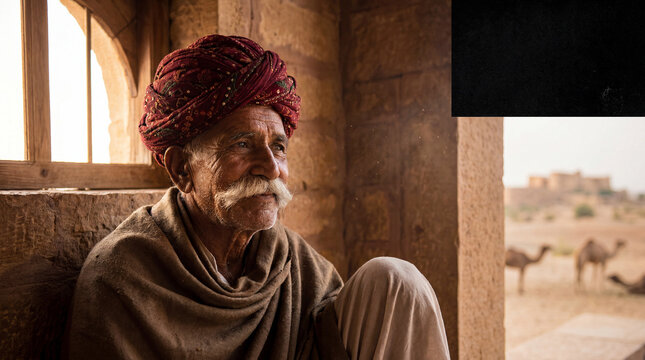 Rajasthani Man with Red Turban and Grand Mustache in Dusty Setting
