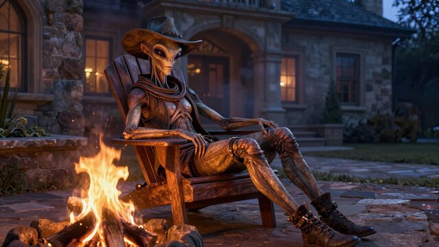 An alien in cowboy hat sits calmly on a wooden chair beside a warm campfire, glowing embers dancing near a stone house at twilight.