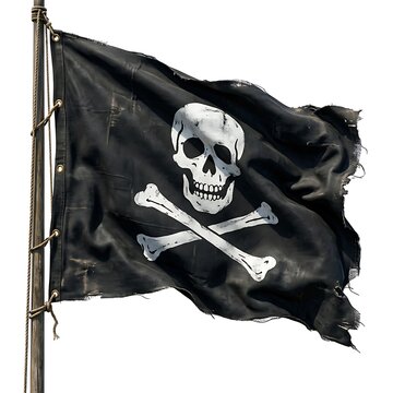 Black pirate flag with skull and crossbones waving on a metal pole