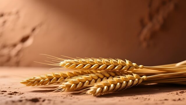 Golden wheat ears on rustic clay background, ripe cereal grain stalks for bakery branding, organic harvest agriculture concept with warm earthy tones