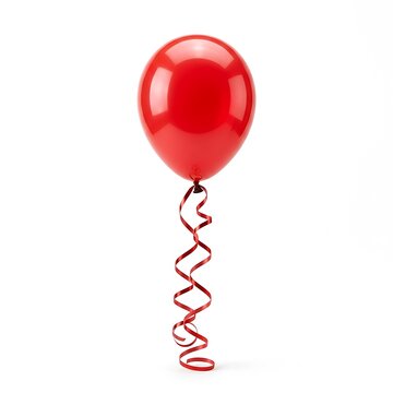 A single shiny red balloon with a curly ribbon string floating for a party or celebration event