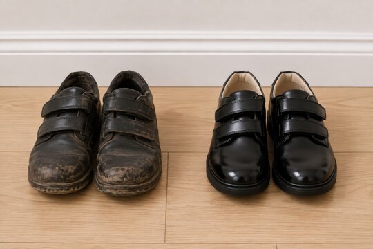 Side by side comparison of worn dirty school shoes and clean polished. Back to school, footwear replacement and maintenance concept