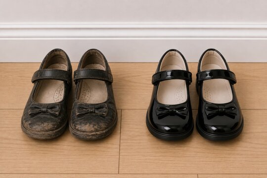 Comparison of dirty worn school shoes and clean polished girls shoes on a wooden floor. Back to school, footwear care, hygiene and new school year preparation concept