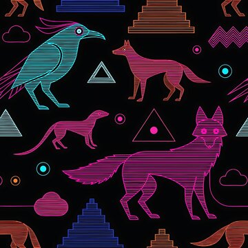 Seamless pattern with neon line art animals birds and geometric shapes on a dark black background