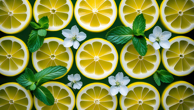 Fresh lemon slices with green mint leaves and white flowers illustration