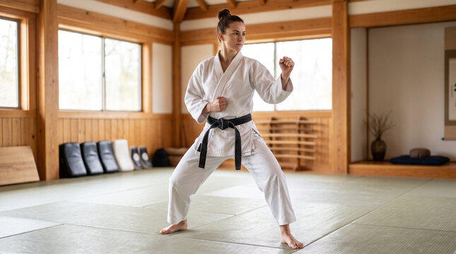 Woman practicing martial arts in dojo wearing black belt uniform  