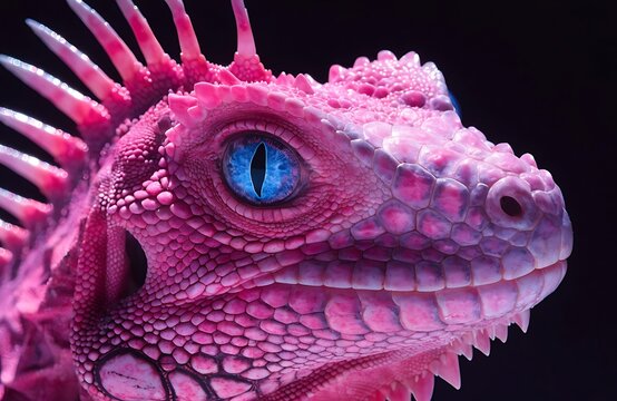 Close up portrait of a colorful pink iguana lizard with bright blue eyes against a dark black background