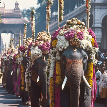 Beautiful elephants adorned with vibrant flowers during a lively festival parade