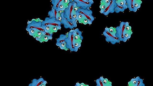 Cartoon Germs and Bacteria Falling Against a Solid Black Background
