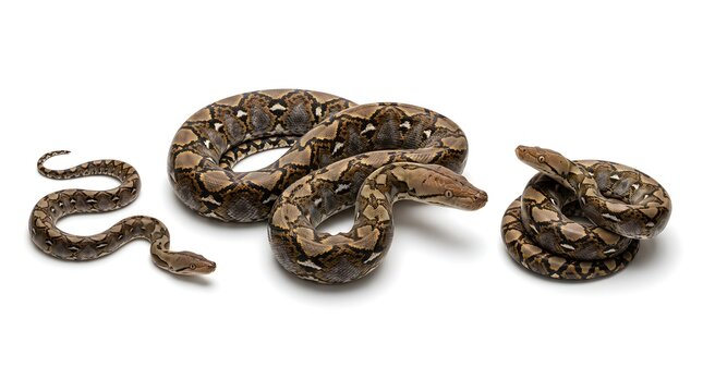 Three boa constrictor snakes isolated on a white background.