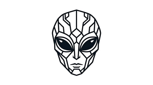 Geometric alien face illustration featuring bold black ink lines and minimalist style printed on white background