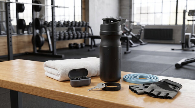 Gym essentials including water bottle, towel, and fitness gear on bench