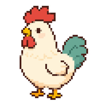 Cute pixel art chicken rooster character retro 8 bit game style isolated