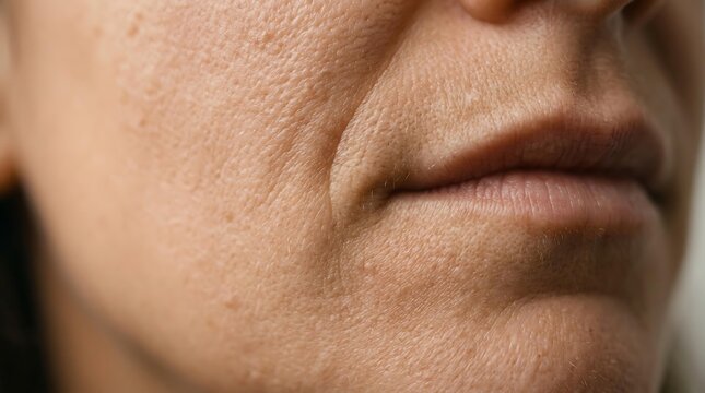 Macro detail of skin wrinkles on a mature woman face showing deep nasolabial folds and skin wrinkles for dermatology education and skin wrinkles texture analysis.
