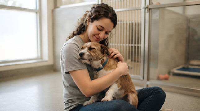 A smiling young woman sits on the floor of an animal shelter, warmly hugging a small, scruffy terrier dog with a blue collar. The dog rests its head peacefully against her shoulder, with metal kenn...