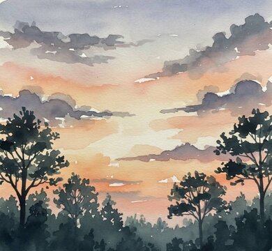 sunset in the mountains,Watercolor Sunset Forest Clipart, Digital Art PNG for Seamless Pattern and Overlay, Nature Landscape Illustration for Adobe Stock and Etsy
