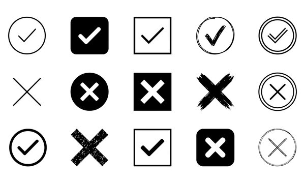 Set of hand drawn check marks and cross signs