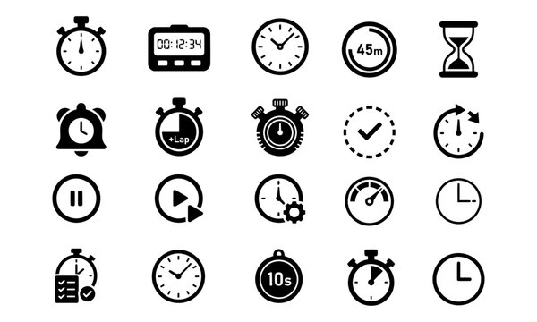 Set of time and clock icons, stopwatch, timer, alarm and schedule symbols