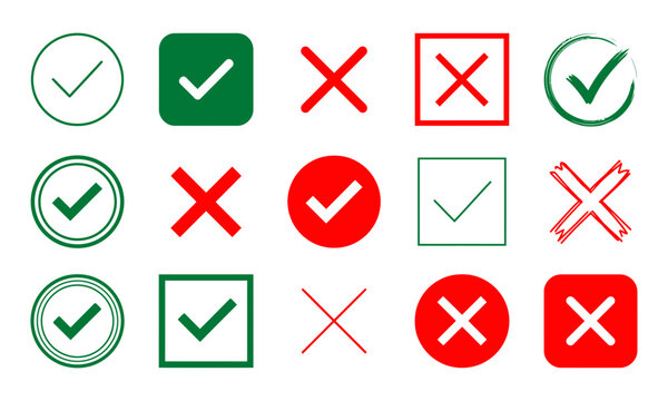 Set of green check marks and red cross signs