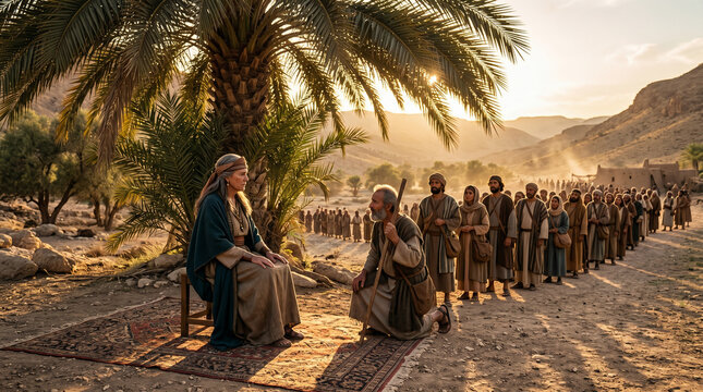 Deborah the prophetess judging Israel. Sitting in wisdom under the massive Palm of Deborah in the hill country