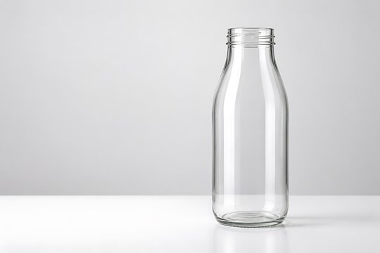 A clear glass bottle with a narrow neck and threaded opening stands on a white surface against a plain gray background.