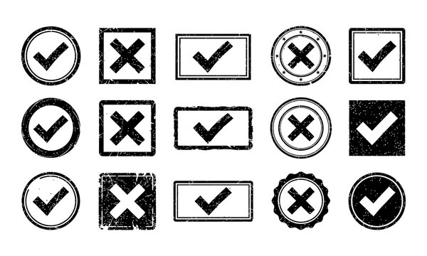 Set of grunge check mark and cross mark icons